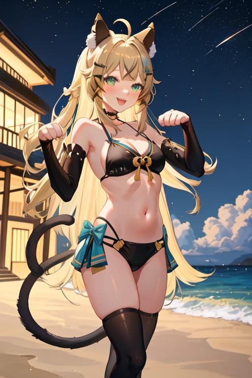 best quality, masterpiece, highres, solo, {night:1.10}, {starry sky:1.10}, beach, beautiful detailed sky, {extremely detailed background:1.20}, {kirara_genshin:1.15}, {standing:1.10}, looking at viewer, {bikini:1.30}, long_hair, hair_ornament, green_eyes, bangs, smile, animal_ears, open_mouth, hairclip, blonde_hair, ahoge, virtual_youtuber, tail, blush, cat_tail, bow, cat_ears, hair_bow, light smile