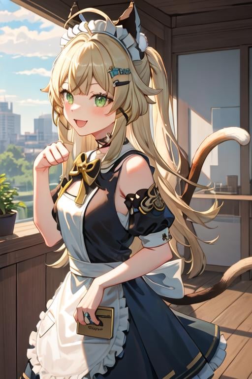 best quality, masterpiece, highres, solo, {maid:1.40}, {long maid dress:1.15}, {kirara_genshin:1.15}, long_hair, hair_ornament, green_eyes, bangs, smile, animal_ears, open_mouth, hairclip, blonde_hair, ahoge, virtual_youtuber, tail, blush, cat_tail, bow, cat_ears, hair_bow