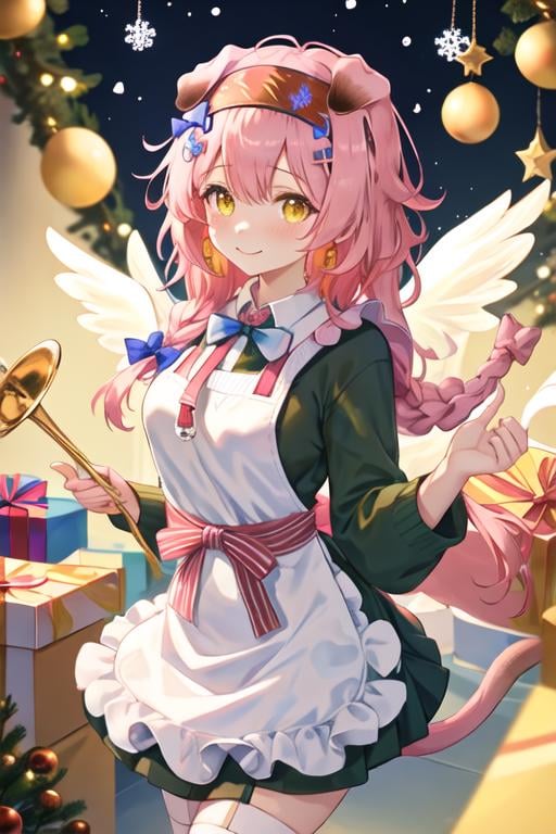 best quality, masterpiece, highres, solo, {goldenglow_arknights:1.15}, animal_ears, pink_hair, cat_ears, long_hair, hairband, yellow_eyes, bangs, braid, bow, hair_bow, black_hairband, cat_girl, blue_bow, blush, upper_body, smile, closed_mouth, floppy_ears, 1girl, green_sweater, holding, instrument, looking_at_viewer, red_bow, red_hairband, sweater, wings, cat_tail, official_alternate_costume, red_shirt, red_sweater, tail, trumpet, christmas, green_bow, long_sleeves, tail_bow, tail_ornament, pom_pom_\(clothes\), apron, floral_print, flower, hair_rings, shirt, white_wings