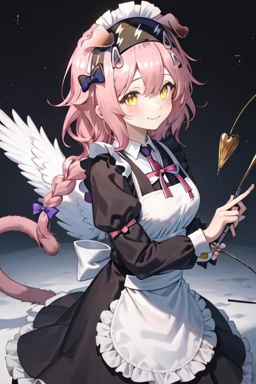 best quality, masterpiece, highres, solo, {maid:1.40}, {long maid dress:1.15}, {goldenglow_arknights:1.15}, animal_ears, pink_hair, cat_ears, long_hair, hairband, yellow_eyes, bangs, braid, bow, hair_bow, black_hairband, cat_girl, blue_bow, blush, upper_body, smile, closed_mouth, floppy_ears