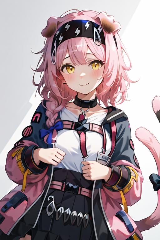 best quality, masterpiece, highres, solo, {goldenglow_arknights:1.15}, animal_ears, pink_hair, cat_ears, long_hair, hairband, yellow_eyes, bangs, braid, bow, hair_bow, black_hairband, cat_girl, blue_bow, blush, upper_body, smile, closed_mouth, floppy_ears