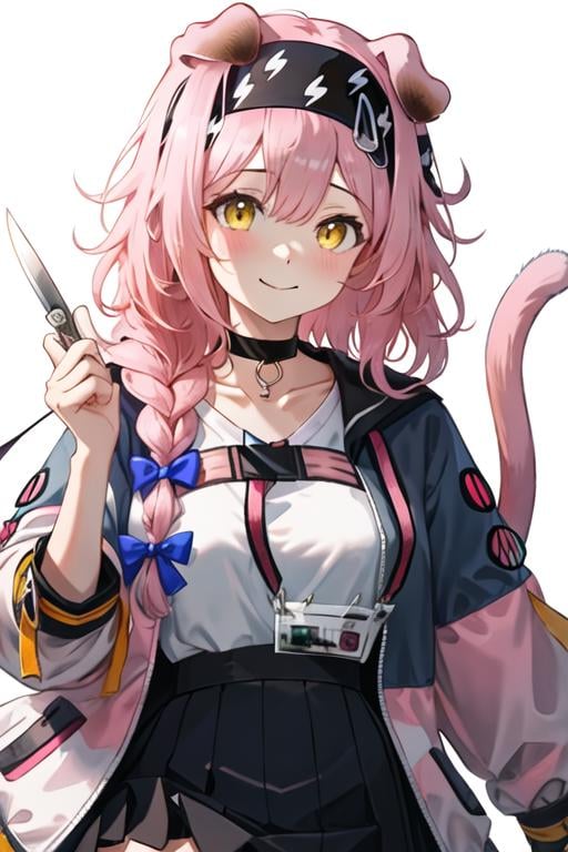 best quality, masterpiece, highres, solo, {goldenglow_arknights:1.15}, animal_ears, pink_hair, cat_ears, long_hair, hairband, yellow_eyes, bangs, braid, bow, hair_bow, black_hairband, cat_girl, blue_bow, blush, upper_body, smile, closed_mouth, floppy_ears, 1girl, black_skirt, choker, hair_between_eyes, id_card, jacket, long_sleeves, looking_at_viewer, open_clothes, open_jacket, shirt, single_braid, skirt, white_shirt, black_choker, hand_up, pink_jacket, cat_tail, tail, blurry, blurry_background, collarbone, scissors, simple_background, white_background