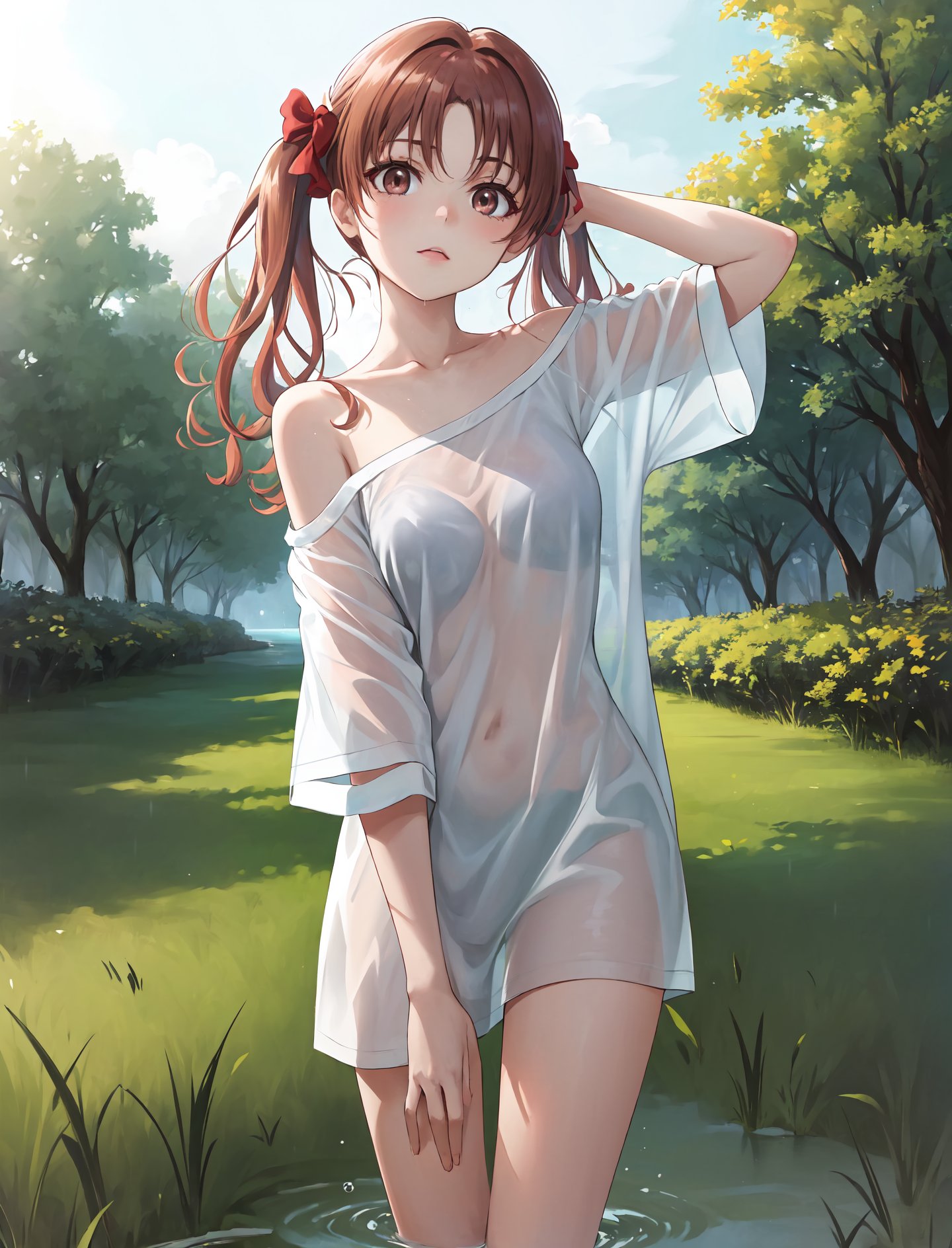 masterpiece, best quality, outdoors, field, grass, forest, rain, water drop,shirai kuroko, 1girl, solo, looking at viewer, cowboy shot, brown hair, long hair, bow, red bow, twintails, brown eyes, hair bow, leaning forward, head tilt, shirt, white shirt, collarbone, short sleeves, t-shirt, off shoulder, oversized shirt, naked shirt, oversized clothes, see-through silhouette, see-through shirt, arms behind head, <lora:Concept_Oversized:1>, <lora:LoRA_Kuroko:1>