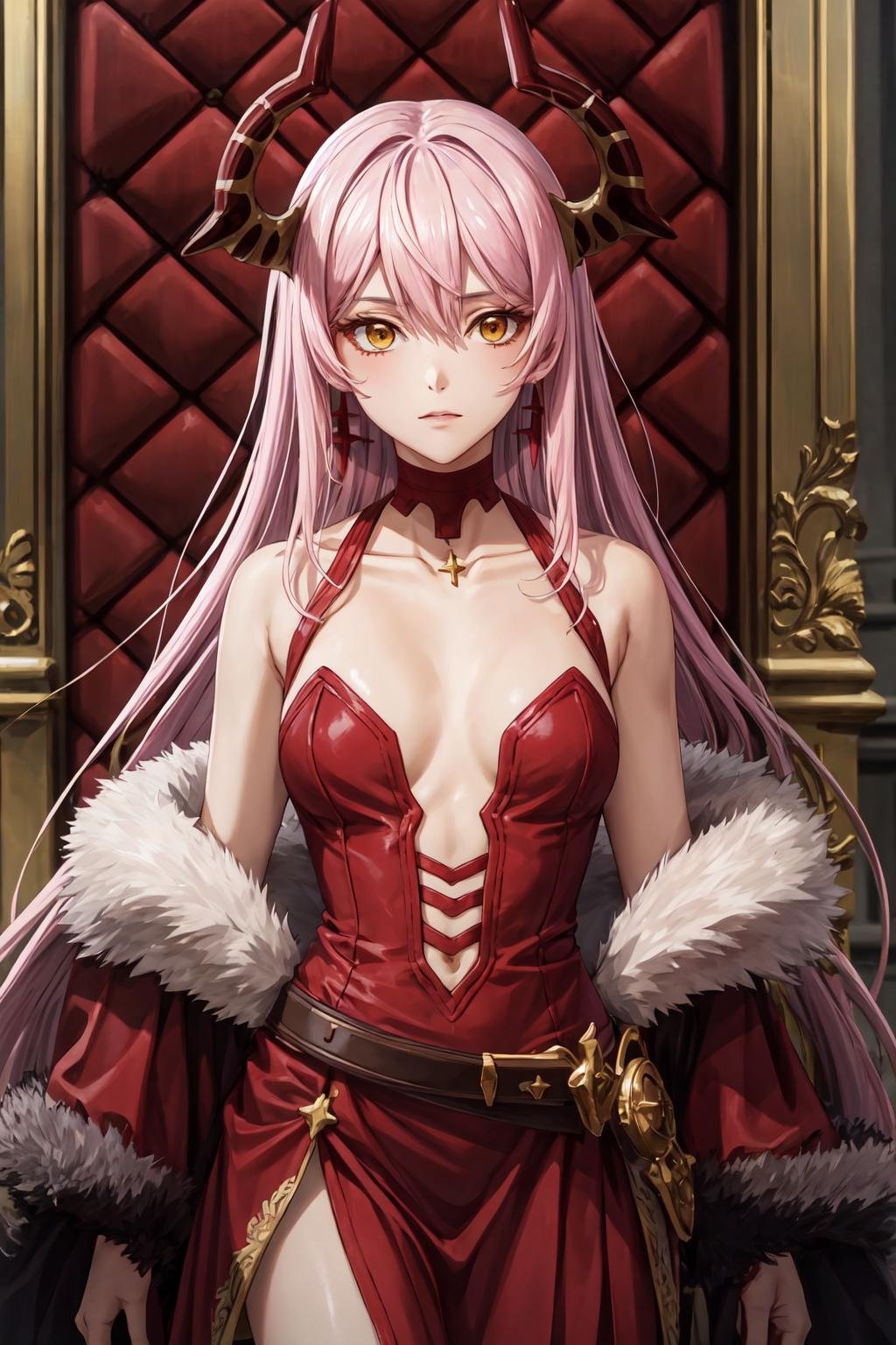 ((best quality, high quality, masterpiece, highres)), echidna, 1girl, dress, choker, fur trim, bare shoulders, earrings, cowboy shot, collarbone, looking at viewer,  <lora:echidna:0.8>