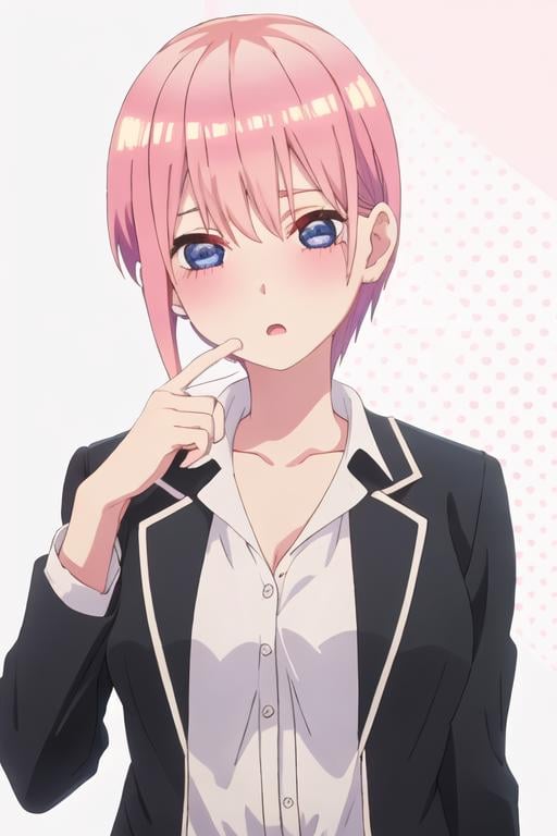 best quality, masterpiece, highres, solo, {nakano_ichika_gotoubunnohanayome:1.15}, pink_hair, short_hair, bangs, blue_eyes, blush, hair_between_eyes, closed_mouth, 1girl, black_jacket, blazer, collared_shirt, jacket, looking_at_viewer, open_mouth, school_uniform, shirt, white_shirt, collarbone, dress_shirt, open_clothes, upper_body, :o, open_jacket, polka_dot, polka_dot_background, white_background