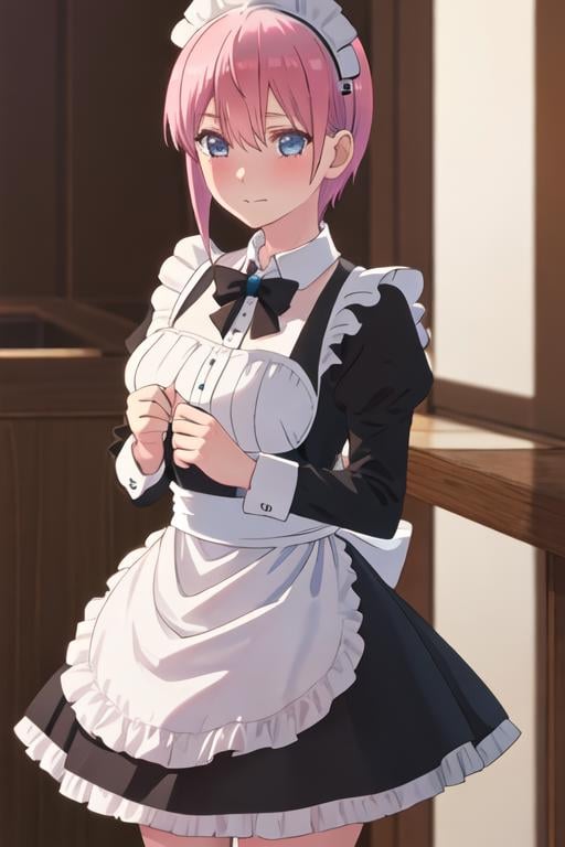 best quality, masterpiece, highres, solo, {maid:1.40}, {long maid dress:1.15}, {nakano_ichika_gotoubunnohanayome:1.15}, pink_hair, short_hair, bangs, blue_eyes, blush, hair_between_eyes, closed_mouth