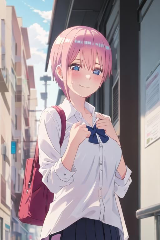 best quality, masterpiece, highres, solo, {nakano_ichika_gotoubunnohanayome:1.15}, pink_hair, short_hair, bangs, blue_eyes, blush, hair_between_eyes, closed_mouth, 1girl, closed_eyes, facing_viewer, shirt, smile, sweatdrop, white_shirt, outdoors, school_uniform, ^_^, bag, collared_shirt, road, upper_body