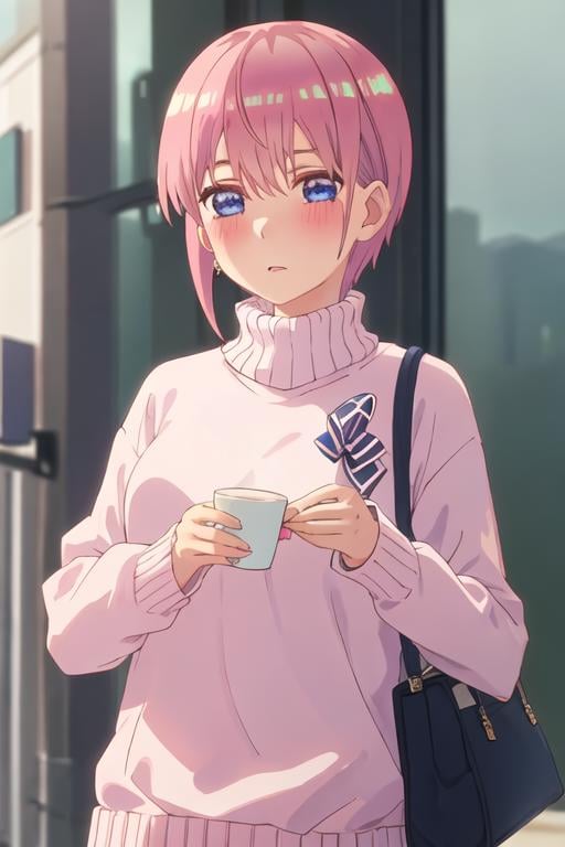 best quality, masterpiece, highres, solo, {nakano_ichika_gotoubunnohanayome:1.15}, pink_hair, short_hair, bangs, blue_eyes, blush, hair_between_eyes, closed_mouth, 1girl, looking_at_viewer, sweater, turtleneck, turtleneck_sweater, open_mouth, upper_body