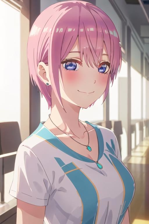 best quality, masterpiece, highres, solo, {nakano_ichika_gotoubunnohanayome:1.15}, pink_hair, short_hair, bangs, blue_eyes, blush, hair_between_eyes, closed_mouth, 1girl, collarbone, green_shirt, jewelry, necklace, shirt, striped, striped_shirt, upper_body, breasts, looking_at_viewer, smile