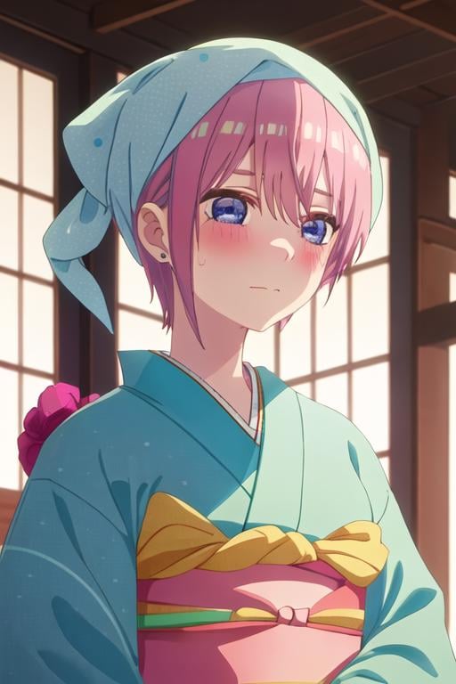 best quality, masterpiece, highres, solo, {nakano_ichika_gotoubunnohanayome:1.15}, pink_hair, short_hair, bangs, blue_eyes, blush, hair_between_eyes, closed_mouth, 1girl, indoors, japanese_clothes, kimono, polka_dot, unmoving_pattern, green_kimono, head_scarf, looking_at_viewer, portrait, upper_body