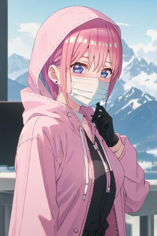 best quality, masterpiece, highres, solo, {nakano_ichika_gotoubunnohanayome:1.15}, pink_hair, short_hair, bangs, blue_eyes, blush, hair_between_eyes, closed_mouth, 1girl, hood, jacket, mask, mouth_mask, pink_coat, pink_jacket, upper_body, day, gloves, hand_up, long_sleeves, looking_at_viewer, outdoors, blue_sky, hood_up, mountain, sky, surgical_mask, coat, parted_lips