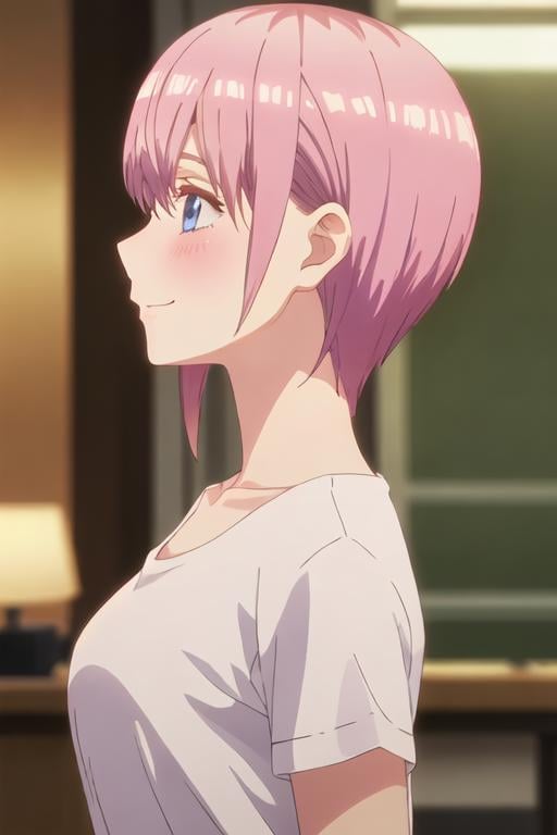 best quality, masterpiece, highres, solo, {nakano_ichika_gotoubunnohanayome:1.15}, pink_hair, short_hair, bangs, blue_eyes, blush, hair_between_eyes, closed_mouth, 1girl, profile, shirt, smile, white_shirt, blurry, blurry_background, from_side, indoors, collarbone, portrait