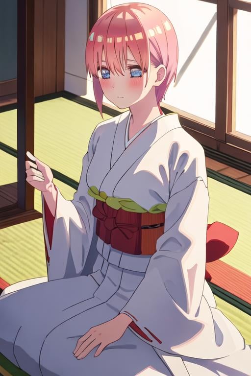 best quality, masterpiece, highres, solo, {white kimono:1.35}, {red hakama:1.35}, {wide sleeves:1.20}, {nakano_ichika_gotoubunnohanayome:1.15}, pink_hair, short_hair, bangs, blue_eyes, blush, hair_between_eyes, closed_mouth