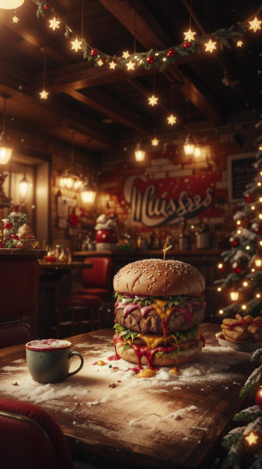 <lora:ChristmasWintery:0.9> ChristmasWintery a juicy cheeseburger served in a nostalgic 1950s diner, (Masterpiece:1.3) (best quality:1.2) (high quality:1.1)