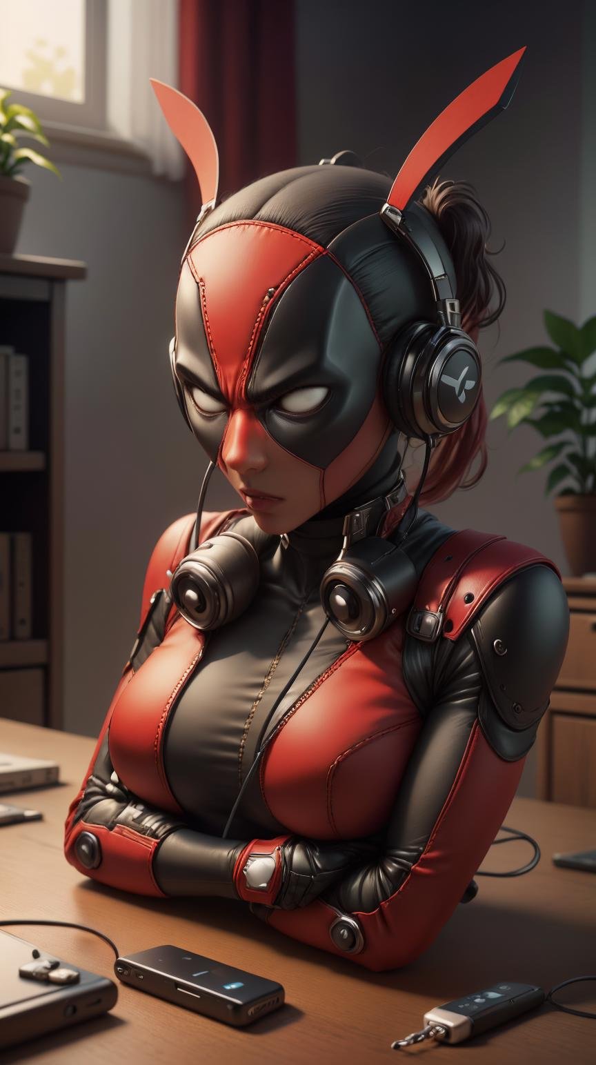 <lora:DeadpoolStyle:1> DeadpoolStyle Bluetooth earphones, (leather:0.6), (Masterpiece:1.3) (best quality:1.2) (high quality:1.1)