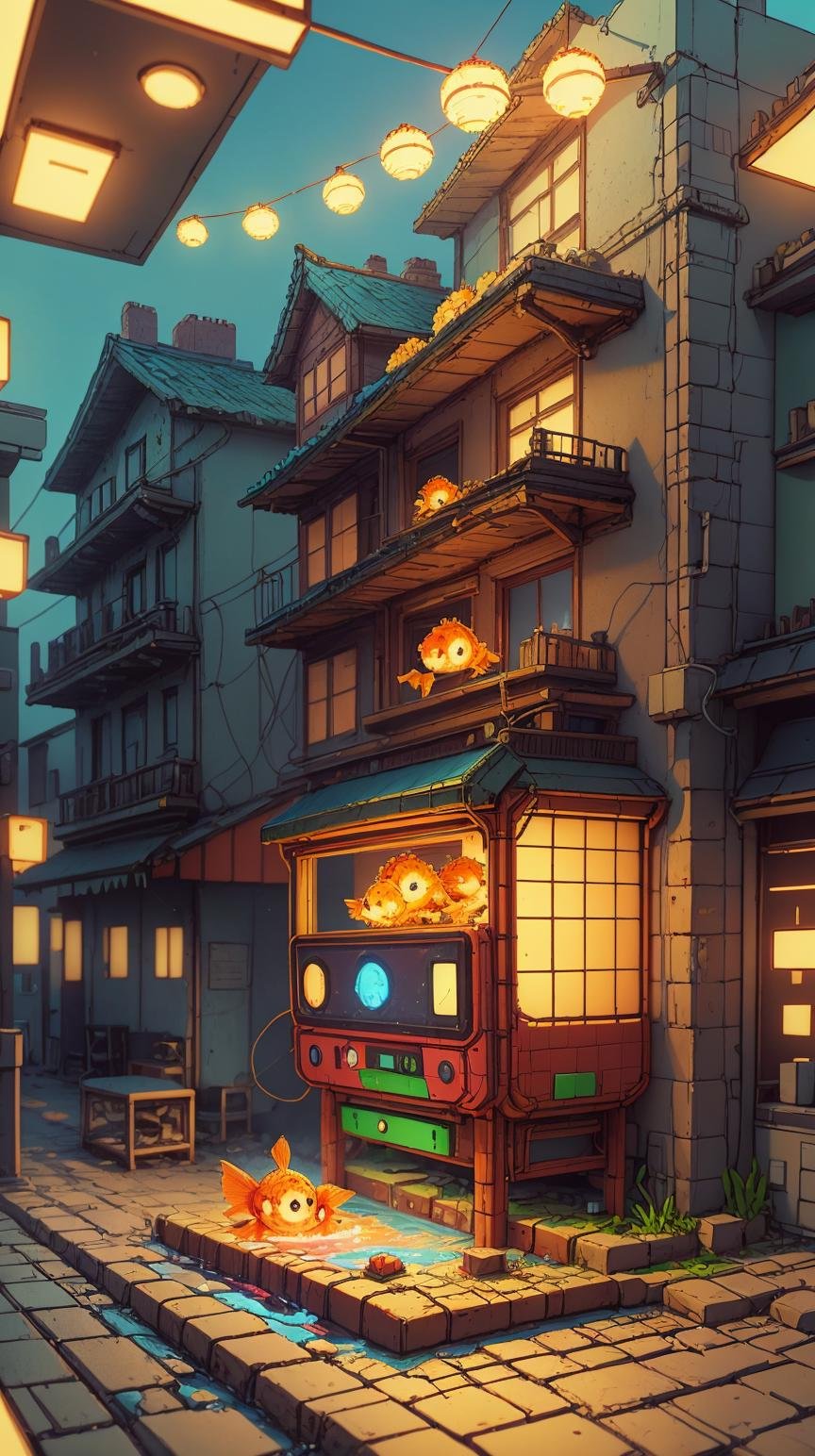 <lora:NESVoxelStyle:1> NESVoxelStyle fantasy art of glowing goldfish swimming in the air, in the streets of a japanese town at night, with people watching in wonder, by studio ghibli and makoto shinkai, highly detailed digital art, trending on artstation, (Masterpiece:1.3) (best quality:1.2) (high quality:1.1)