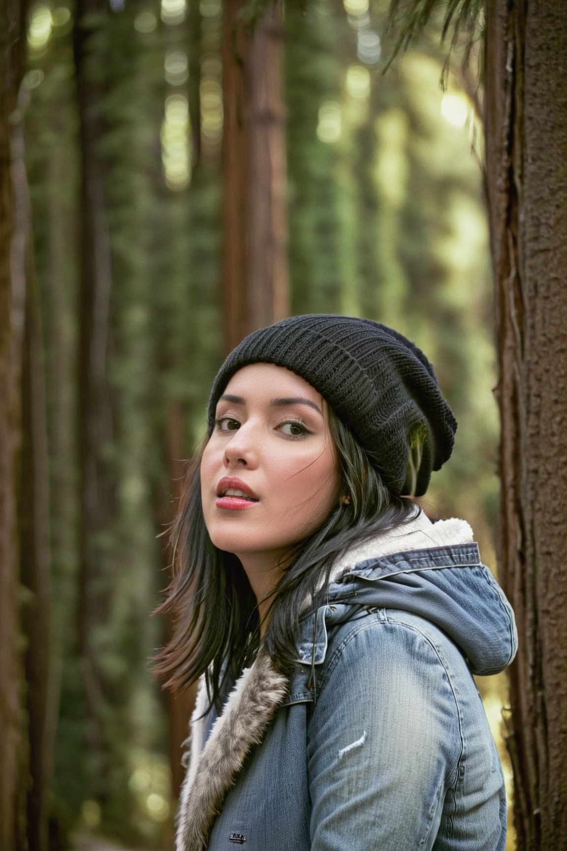 photograph of a woman, (sympathetic facial expression), textured skin, goosebumps, jet black half-up half-down hair, faux fur-lined parka with skinny jeans and beanie, group profile, towering ancient redwood trees creating a sense of wonder and awe, perfect eyes, ((hard lighting:1.4)), Velvia 100 color, shot on Cinestill 800T, bokeh, sharp focus on subject, shot by Manuela Marques
