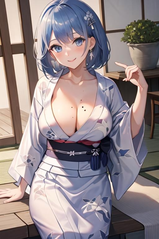 best quality, masterpiece, highres, solo, {yukata:1.40}, {kimono:1.20}, {chapayev_azurlane:1.15}, blue_hair, short_hair, blue_eyes, breasts, large_breasts, blush, mole, mole_on_breast, bangs, smile, cleavage, hair_ornament