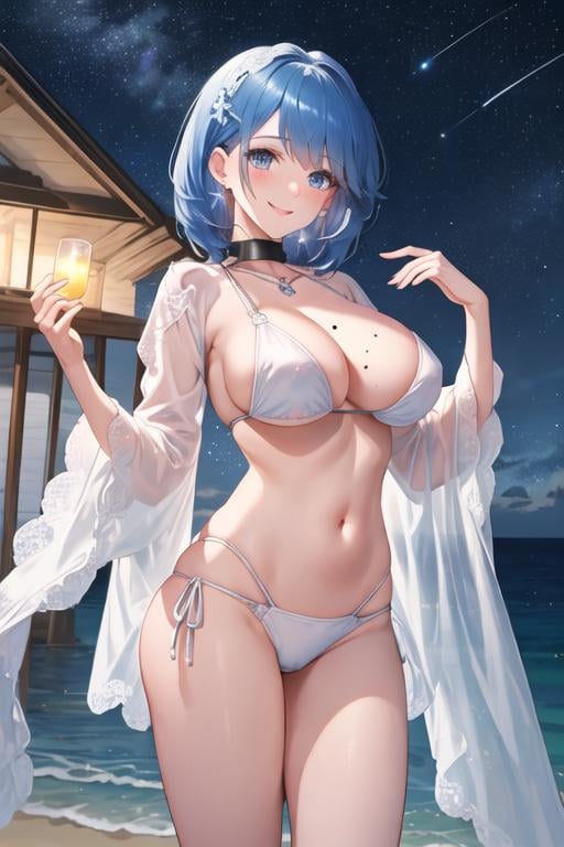 best quality, masterpiece, highres, solo, {night:1.10}, {starry sky:1.10}, beach, beautiful detailed sky, {extremely detailed background:1.20}, {chapayev_azurlane:1.15}, {standing:1.10}, looking at viewer, {bikini:1.30}, blue_hair, short_hair, blue_eyes, breasts, large_breasts, blush, mole, mole_on_breast, bangs, smile, cleavage, hair_ornament, light smile