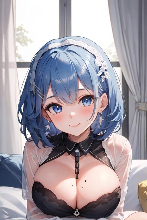 best quality, masterpiece, highres, solo, {chapayev_azurlane:1.15}, blue_hair, short_hair, blue_eyes, breasts, large_breasts, blush, mole, mole_on_breast, bangs, smile, cleavage, hair_ornament