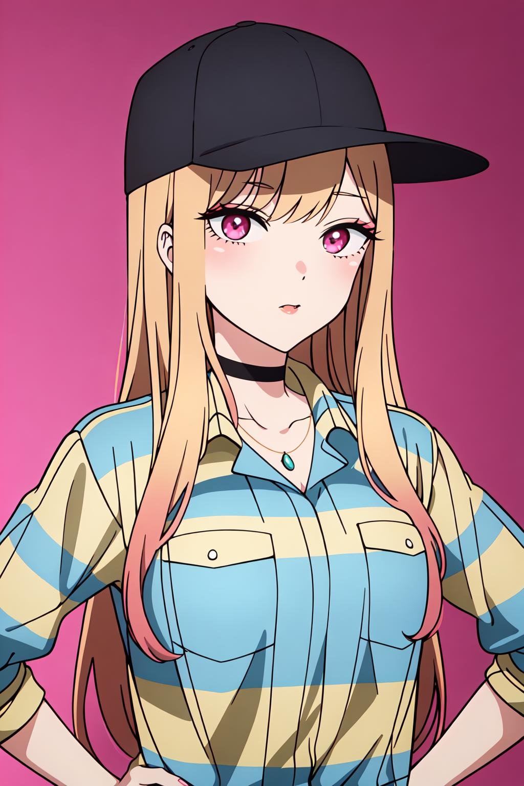 ((extreme detail)),(ultra-detailed), extremely detailed CG unity 8k wallpaper, <lora:MarinKitagawaV2:0.7>marin kitagawa, anime screencap, baseball cap, blue and yellow striped shirt, choker, necklace, hands on hips, looking at viewer, closed mouth, necklace, upper body, pink background