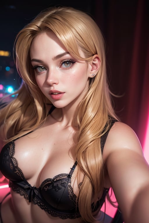 (Incredible ultra high resolution:2), 1girl, 18 years old, (detailed eyes:1.2), (detailed face:1.2), ((perky breasts)), perfect body, tasty, ((lingerie)), thick and long thighs, kissable lips, dynamic poses, depth of field, ((Posing standing, on the dance floor, of a night club)), ((Sexy swf)), full body shot, ((glued lips flirting)), excellent image quality. ((sitting))