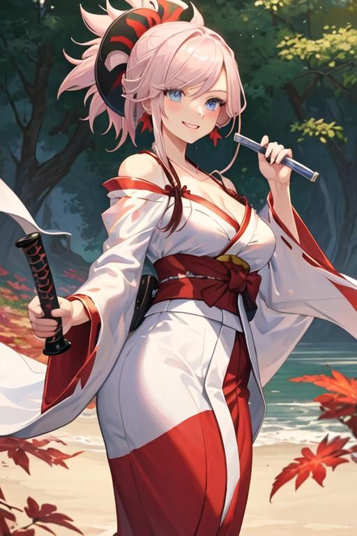 best quality, masterpiece, highres, solo, {white kimono:1.35}, {red hakama:1.35}, {wide sleeves:1.20}, {miyamoto_musashi_fgo:1.15}, pink_hair, blue_eyes, breasts, ponytail, jewelry, earrings, long_hair, hair_ornament, bangs, large_breasts, smile, asymmetrical_hair, cleavage, blush