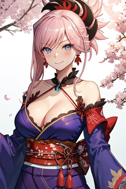 best quality, masterpiece, highres, solo, {miyamoto_musashi_fgo:1.15}, pink_hair, blue_eyes, breasts, ponytail, jewelry, earrings, long_hair, hair_ornament, bangs, large_breasts, smile, asymmetrical_hair, cleavage, blush, 1girl, japanese_clothes, kimono, magatama, looking_at_viewer, blue_kimono, detached_sleeves, upper_body, bare_shoulders, closed_mouth