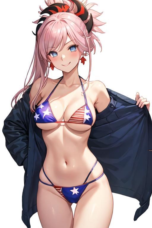 best quality, masterpiece, highres, solo, {miyamoto_musashi_fgo:1.15}, pink_hair, blue_eyes, breasts, ponytail, jewelry, earrings, long_hair, hair_ornament, bangs, large_breasts, smile, asymmetrical_hair, cleavage, blush, 1girl, american_flag_bikini, bikini, flag_print, looking_at_viewer, simple_background, swimsuit, white_background, hair_down, swept_bangs