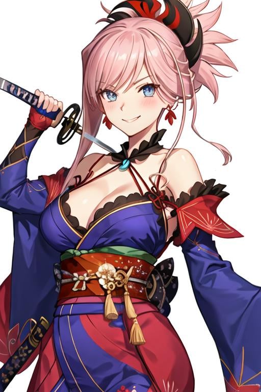 best quality, masterpiece, highres, solo, {miyamoto_musashi_fgo:1.15}, pink_hair, blue_eyes, breasts, ponytail, jewelry, earrings, long_hair, hair_ornament, bangs, large_breasts, smile, asymmetrical_hair, cleavage, blush, 1girl, blue_kimono, detached_sleeves, holding, holding_sword, holding_weapon, japanese_clothes, kimono, looking_at_viewer, sleeveless, sleeveless_kimono, sword, weapon, katana, upper_body, arm_up, bare_shoulders, dual_wielding, obi, sash