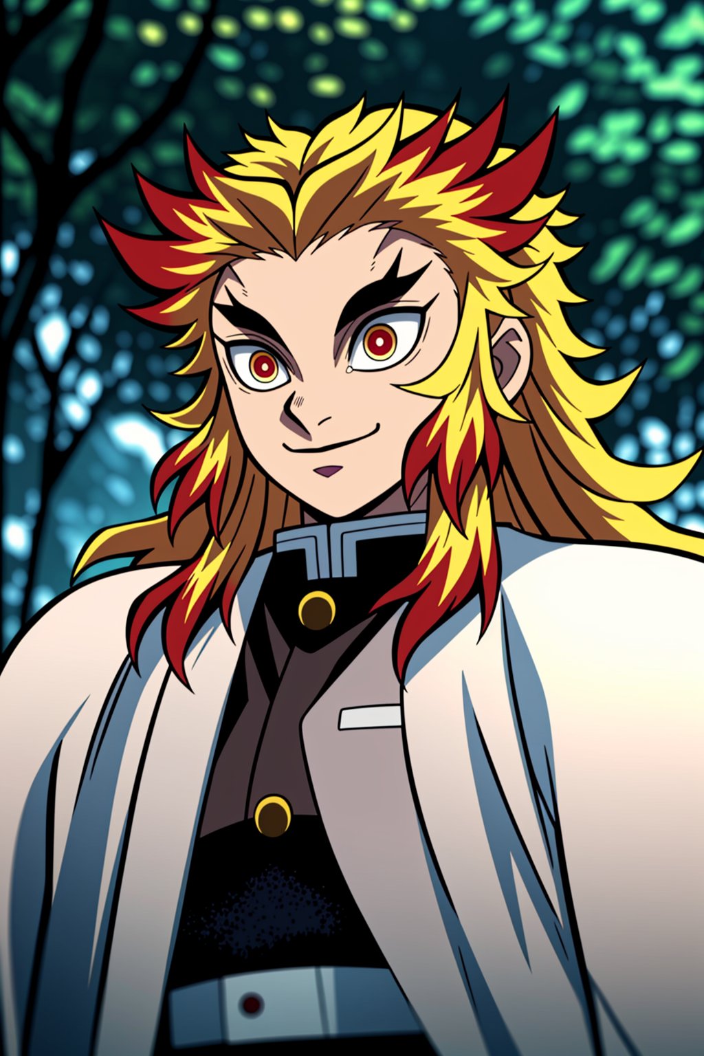 rengoku kyoujurou, demon slayer, 1boy, solo, upper body, sky, nature, tree, male focus,  long hair, smile, blonde hair, red hair,  red eyes, long sleeves, demon slayer uniform, outdoors, day, best quality, masterpiece, 
,<lora:659111690174031528:1.0>