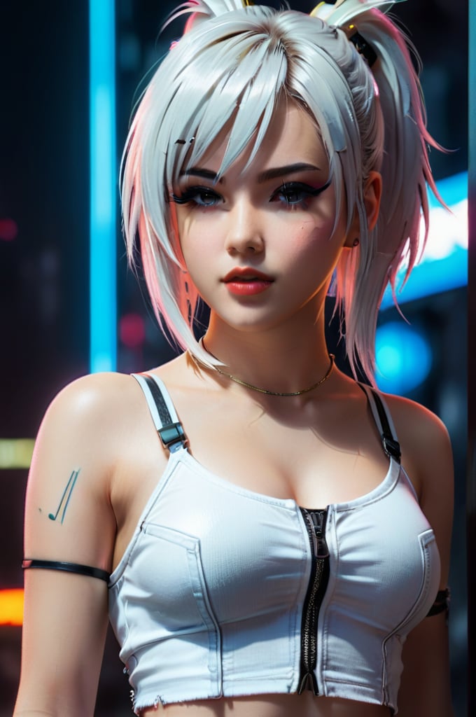 a close up of a woman in a white top and jean shorts,  cyberpunk anime girl,  female cyberpunk anime girl by BooAImagery o...