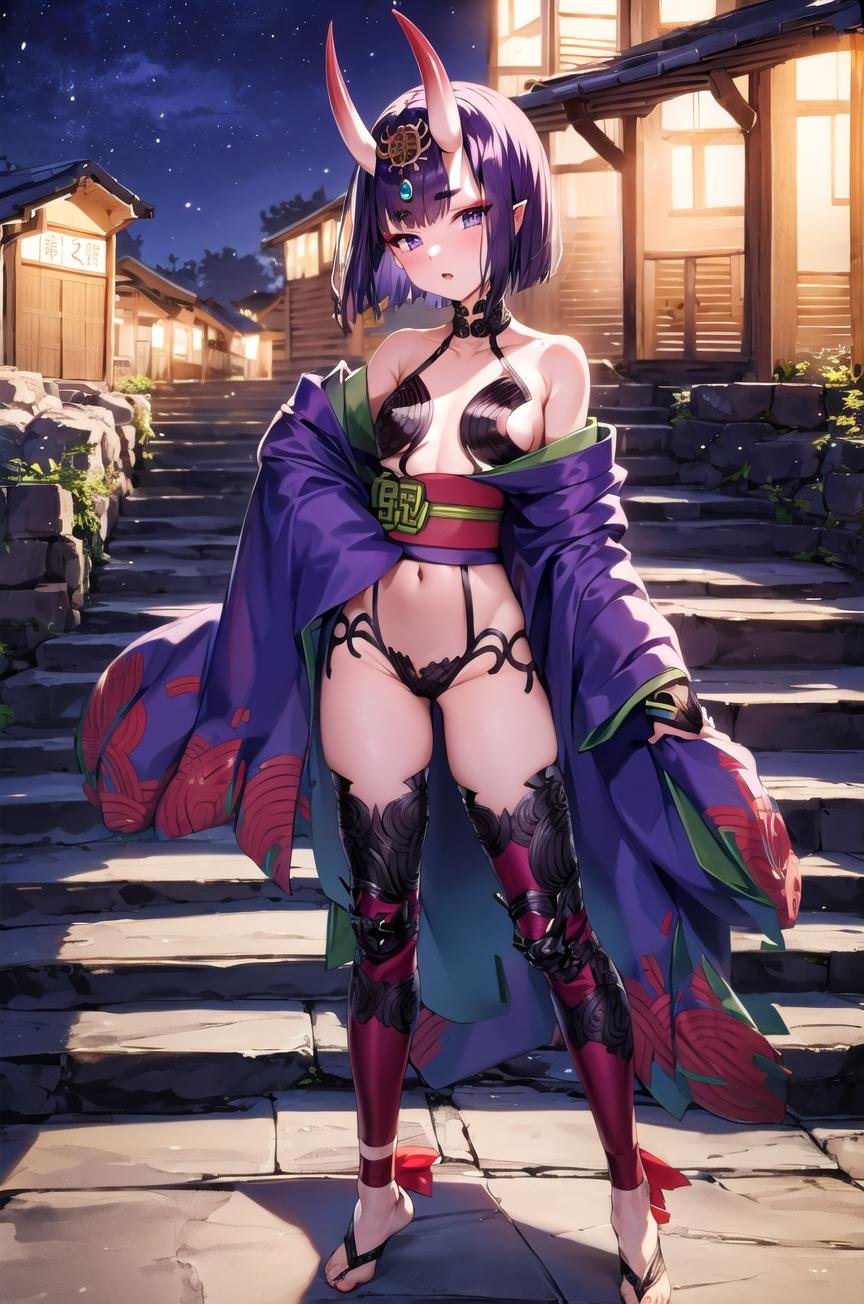 (masterpiece, best quality detailed), 1girl, solo, <lora:ShutenDoujiV11-000003:1>, standing, outdoors, night, village, stairs, contrapposto,shuten douji, revealing clothes, headpiece, ankle ribbon, barefoot sandals, bridal gauntlets, purple kimono, obi, knee pads, off shoulder