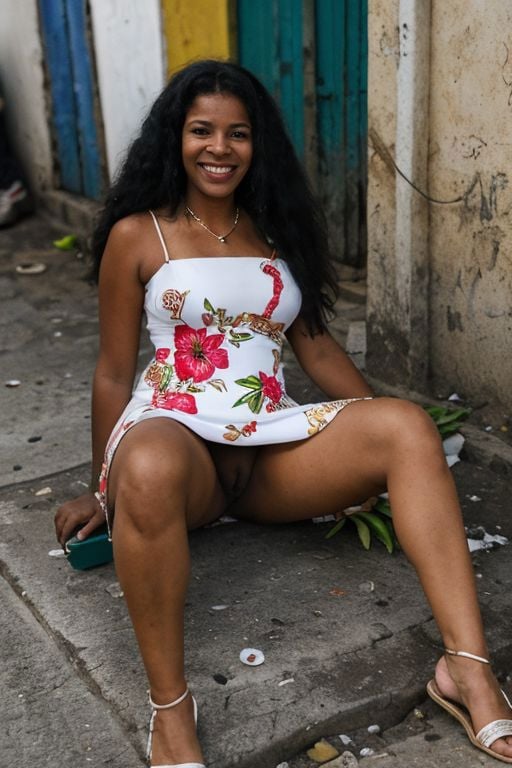 a black brazilian religious woman siting on a favela curb, using a white strap on floral microfiber minidress, without panties, hairy trimmed pussy is showing, very detailed skin and pussy labia, pantyless, smiling, high definition photograph, upskirt shot