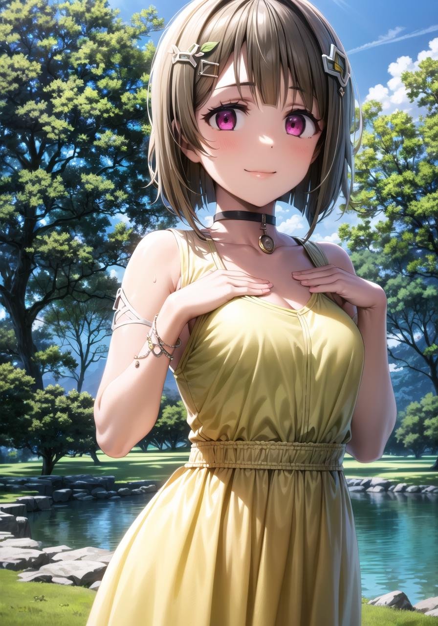 (masterpiece, best quality, ultra-detailed), (illustration), (beautiful detailed eyes), 1girl, solo, nakasu kasumi, short hair, brown hair, bangs, asymmetrical hair, bob cut, pink eyes, hair ornament,  <lora:Kasumi_1.1:0.75>, (medium breasts:1.3)yellow dress, (choker:1.1), black thighhighs, light smile, cowboy shot, tareme, (hands on chest:1.1)outdoors, day, lake, trees, leaves, waterfall, blue sky, (greenery), depth of field,  <lora:1651489307798708599 (1):0.6> <lora:add_detail:0.4> <lora:GoodHands-beta2:1> <lora:tareme:0.4> 