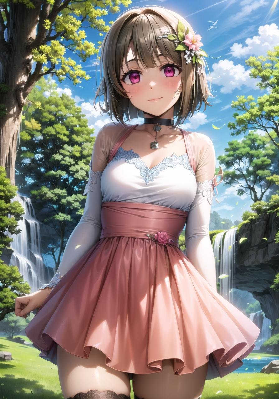 (masterpiece, best quality, ultra-detailed), (illustration), (beautiful detailed eyes), 1girl, solo, nakasu kasumi, short hair, brown hair, bangs, asymmetrical hair, bob cut, pink eyes, hair ornament,  <lora:Kasumi_1.1:0.75>, medium breastsdress, (choker:1.1), black thighhighs, light smile, cowboy shot, tareme, cameltoeoutdoors, day, lake, trees, leaves, waterfall, blue sky, (greenery), depth of field,  <lora:1651489307798708599 (1):0.6> <lora:add_detail:0.4> <lora:GoodHands-beta2:1> <lora:tareme:0.4> 