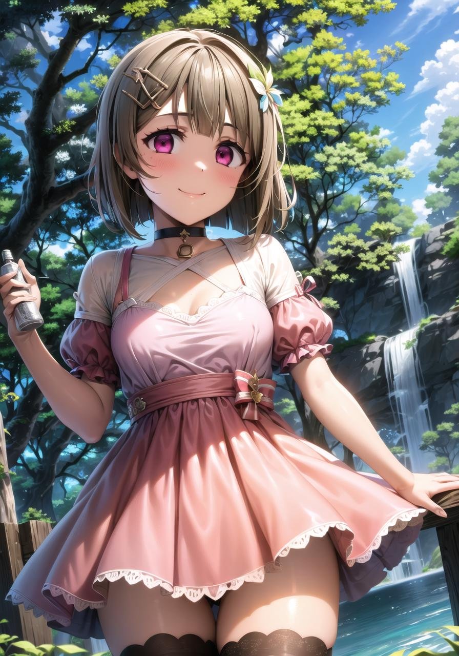 (masterpiece, best quality, ultra-detailed), (illustration), (beautiful detailed eyes), 1girl, solo, nakasu kasumi, short hair, brown hair, bangs, asymmetrical hair, bob cut, pink eyes, hair ornament,  <lora:Kasumi_1.1:0.75>, medium breastsdress, (choker:1.1), black thighhighs, light smile, cowboy shot, tareme, cameltoeoutdoors, day, lake, trees, leaves, waterfall, blue sky, (greenery), depth of field,  <lora:1651489307798708599 (1):0.6> <lora:add_detail:0.4> <lora:GoodHands-beta2:1> <lora:tareme:0.4> 