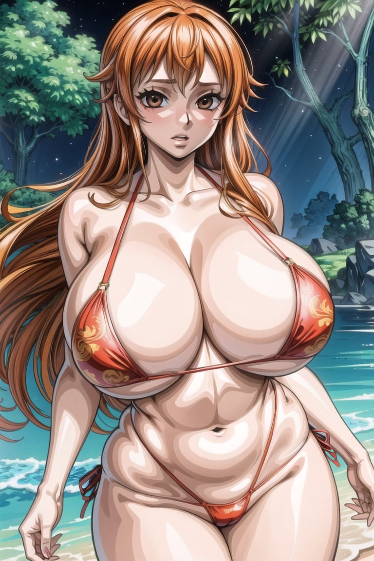 masterpiece, (ultra detailed background, delicate pattern, intricate detail), best quality, beautiful lighting, absurdres, film grain, complex detailed background, outside, nature environment, 1girl, long hair,brown eyes, huge_breasts,curvy ,sexy pose ,nami,orange hair,bikini,thong_bikini,walking