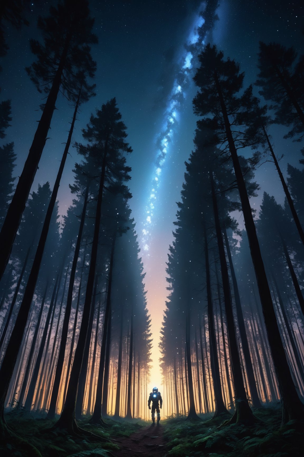 Dawn , intricate, technology suit, recognizing the land, into the forest,only light of the stars, wonderful sky, view from the low, deep background, cinematic light. dynamic light