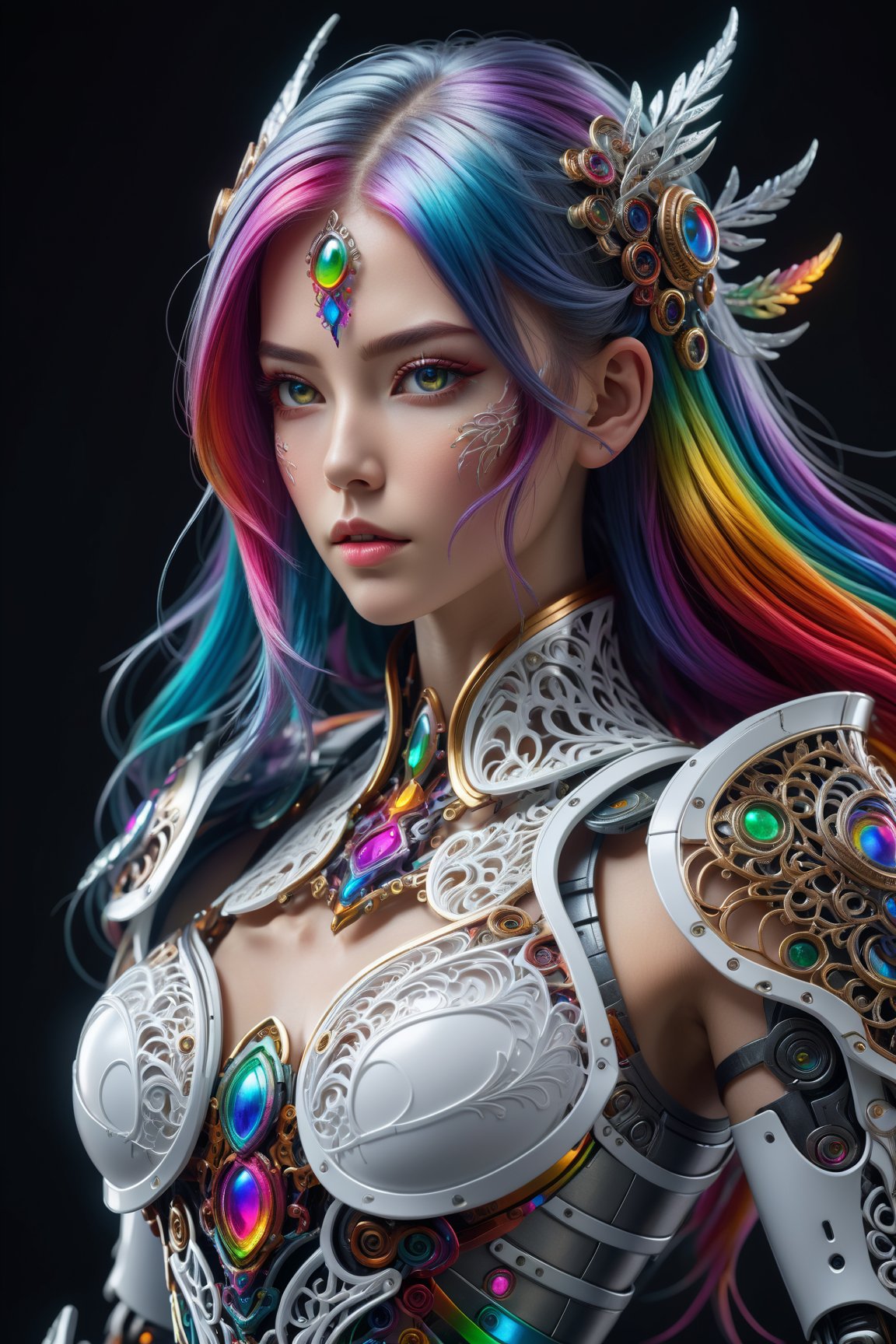 surreal photography of a stunning beautiful cyborg female, rainbow hair, long hair, huge breast, (beauty and detailed armor), embraced, delicate white filigree, intricate filigree, glowing, navel, highly detailed, intricate detailed, face symmetry, masterpiece, award-winning, sharp focus, concept art, low key, 8k, uhd, low key, octane render
