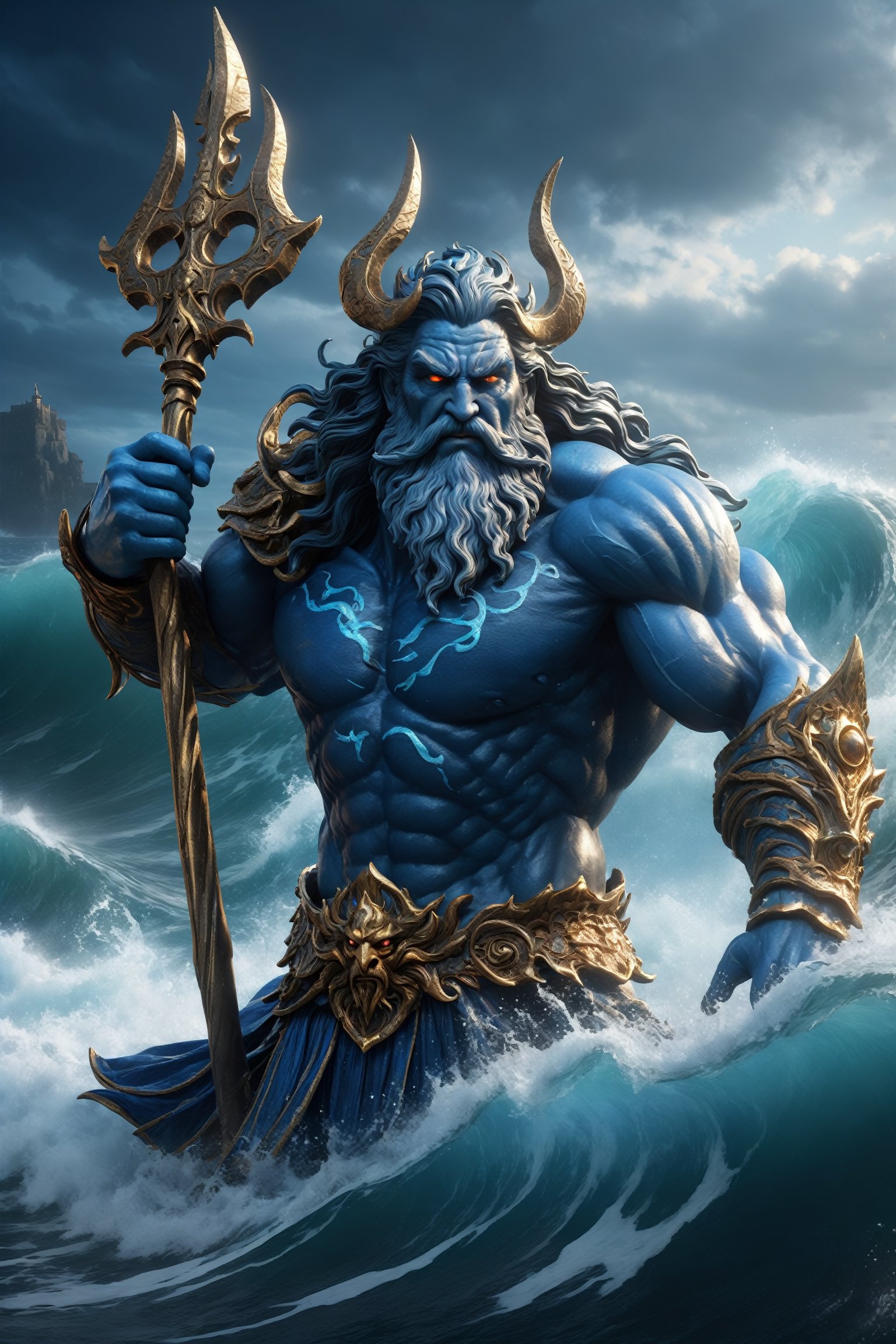 Poseidon, lord of the seas, glowing white eyes, wearing blue garments, trident in hand, commanding the waves of the seas, full body portrait dim volumetric lighting, 8k octane beautifully detailed render, post-processing, portrait, extremely hyper-detailed, intricate, epic composition, cinematic lighting, masterpiece, very very detailed, masterpiece, stunning Detailed matte painting, deep color, fantastical, intricate detail, splash screen, complementary colors, fantasy concept art, 8k resolution trending on Artstation Unreal Engine 5