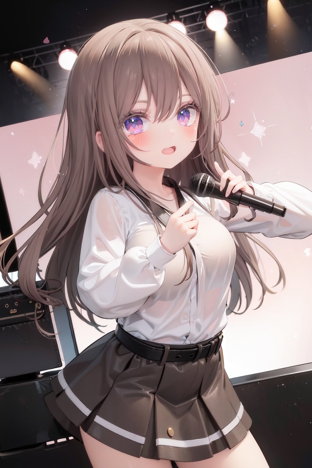  1girl, solo, microphone, smile, skirt, blush, brown eyes, long hair, open mouth, looking at viewer, brown hair, long sleeves, :d, shirt, bangs, belt, breasts, pink shirt, outstretched arm, music, black belt, medium breasts, holding microphone, singing