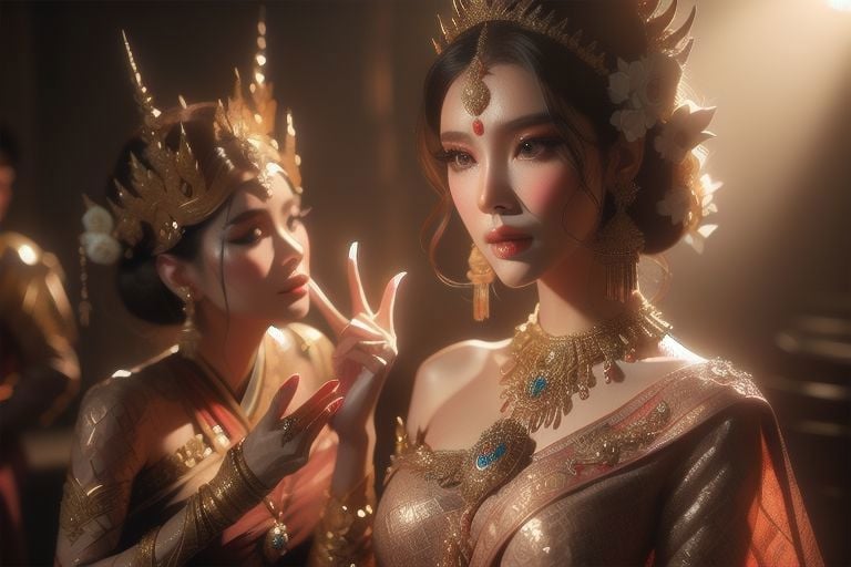 dramatic light,bella ranee,thai dress ,detailed background, Depth of Field, volumetric light, crisp focus, Absurd, realistic proportions, good anatomy, (Realistic, hyperrealistic:1.4), HDR 16K,