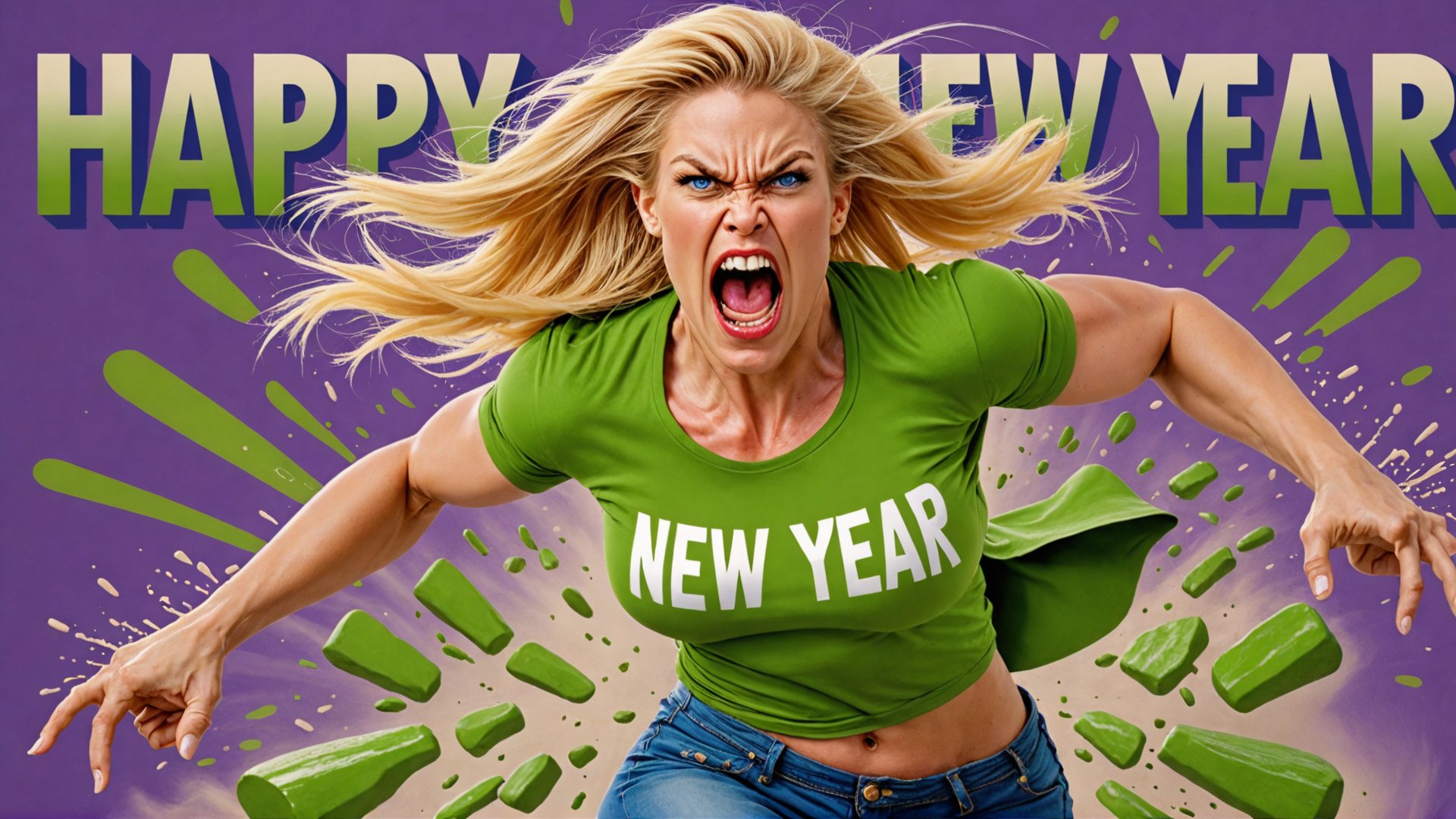 angry KAREN beautiful SUPERMODEL woman,  "HAPPY NEW YEAR 2024" t-shirt logo,  BLONDE hair,  SEXY,  turning into incredible hulk mad, ACTION SHOT, ACTION,<lora:EMS-251568-EMS:0.800000>