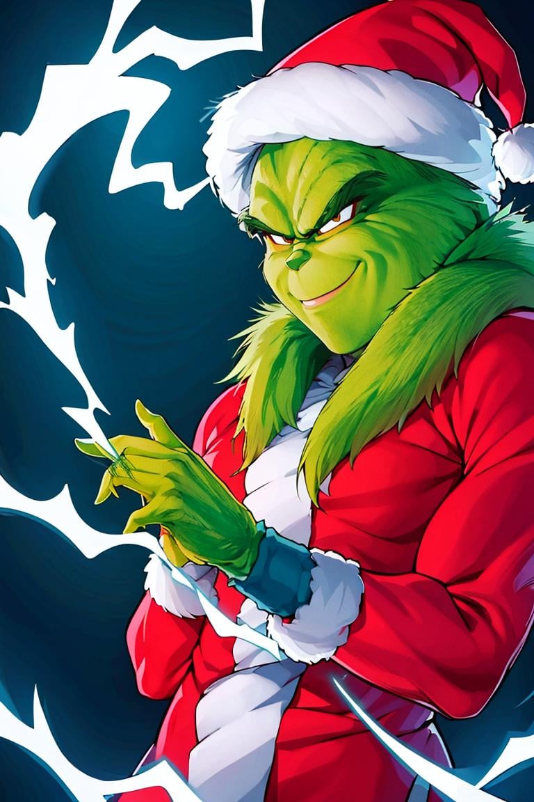 <lora:ricegnat_style:0.8>,((masterpiece,best quality)), absurdres,(energy, aura, electricity,:1.1) ,muscular,<lora:Grinch_v2:0.8>, Grinch,Grinch_Classic, green skin, green fur,simple background, 1boy, upper body, male focus, black background, christmas, santa costume, <lora:Super_Saiyan_4_Goku_Anime:0.6>, Super_Saiyan_4_Goku, male focus, super saiyan, tail, wristband, pants, red fur, black hair, solo, smiling,looking at viewer, cowboy shot,