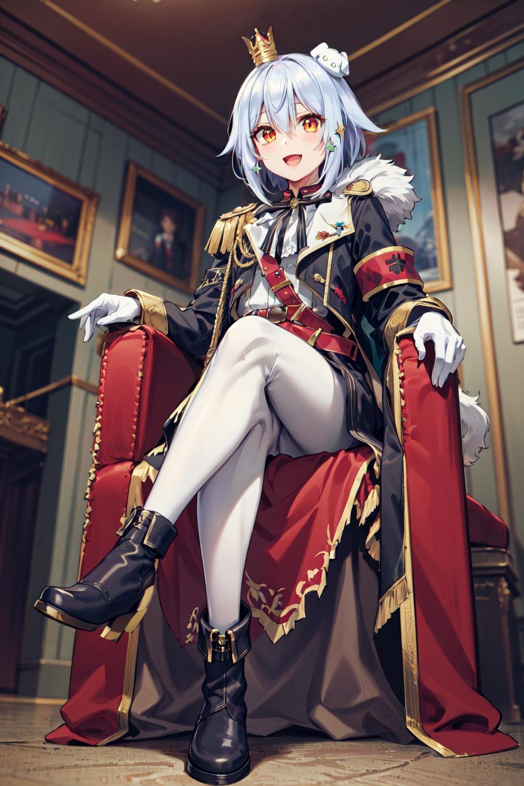 masterpiece,best quality,highres,ultra-detailed,eetamaki,orange eyes,mini crown,short hair,hair between eyes,bangs,hair ornament,jacket,neck ribbon,aiguillette,white gloves,belt,long sleeves,dog tail,black shorts,(white pantyhose:1.4),boots,knee boots,black footwear,<lora:inuyama_tamaki:0.7>,indoors,(castle:1.2),royal castle,red carpet,(throne:1.2),sitting,:d,crossed_legs,