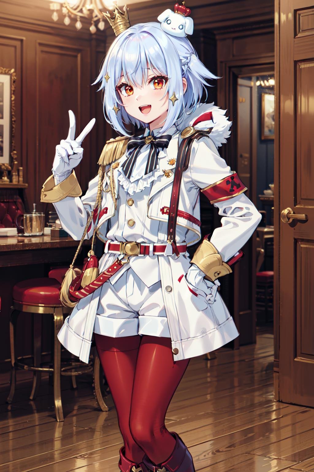 masterpiece,best quality,highres,ultra-detailed,fftamaki,mini crown,short hair,hair ornament,white jacket,long sleeves,white gloves,dog tail,belt,white shorts,pantyhose,(red pantyhose:1.2),boots,(knee boots:1.2),(black footwear:1.4),<lora:inuyama_tamaki:0.7>,standing,indoors,cowboy shot,:d,peace sign,