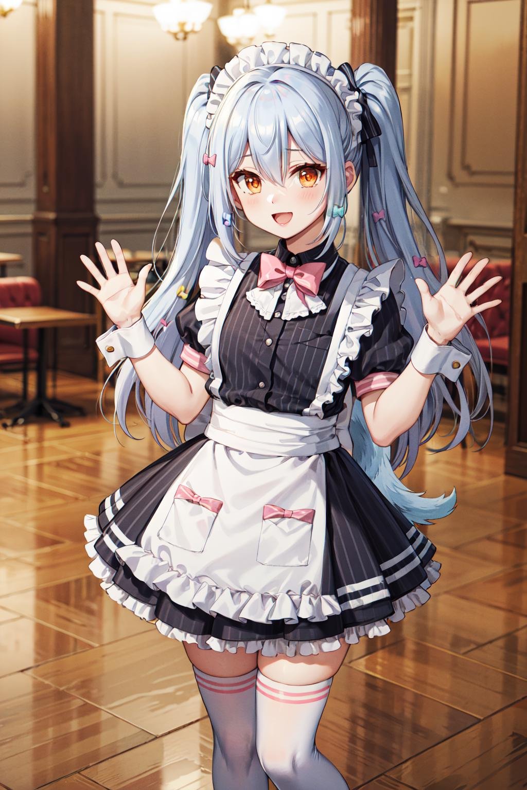 masterpiece,best quality,highres,ultra-detailed,cctamaki,orange eyes,gradient eyes,long hair,twintails,black bow,striped bow,sidelocks,hair between eyes,bangs,hair bow,maid headdress,maid,black dress,vertical stripes,puffy short sleeves,pink bowtie,apron,maid apron,pocket,pink bow,frills,wrist cuffs,dog tail,black shirt,(white thighhighs:1.2),shoes,black footwear,<lora:inuyama_tamaki:0.7>,indoors,standing,cowboy shot,cafe,:d,waving,