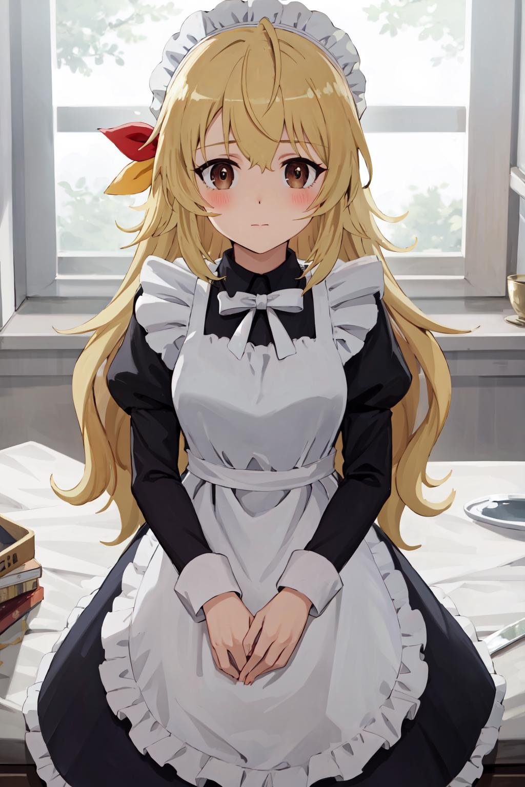 ((best quality, high quality, masterpiece, highres)), yifa, solo, 1girl, blush, maid, hair ribbon, white bow, long sleeves, cowboy shot, looking at viewer,  <lora:yifa:0.8>