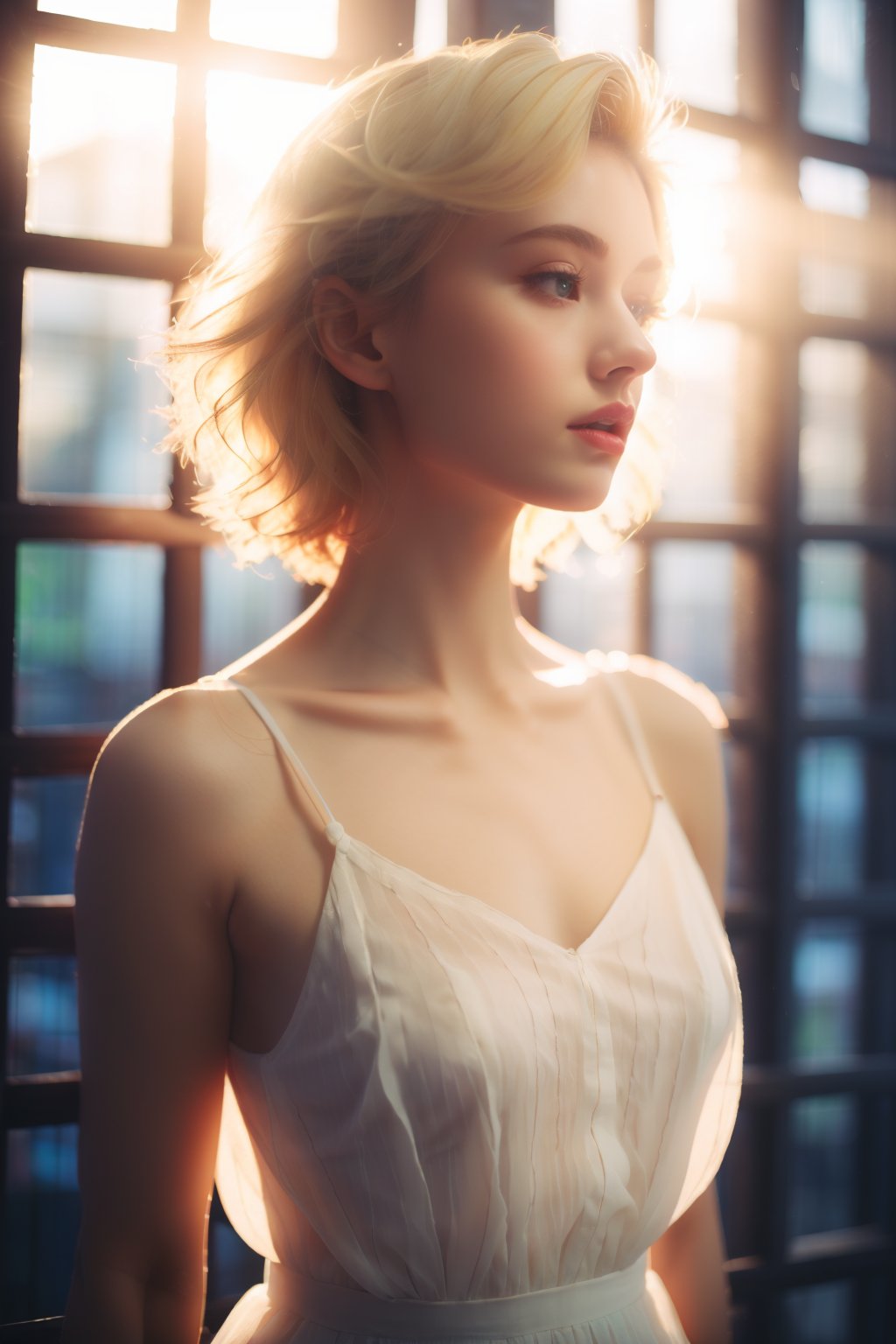 dygqzmv, 1girl, solo, blonde hair, short hair, upper body, lips, blue eyes, realistic, collarbone, looking away, parted lips, backlighting, dress, breasts, white dress, bare shoulders, tiara, see-through, eyelashes, small breasts, looking to the side, window